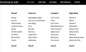 BasharaCare skincare categories by brand, concern, product type, and ingredients